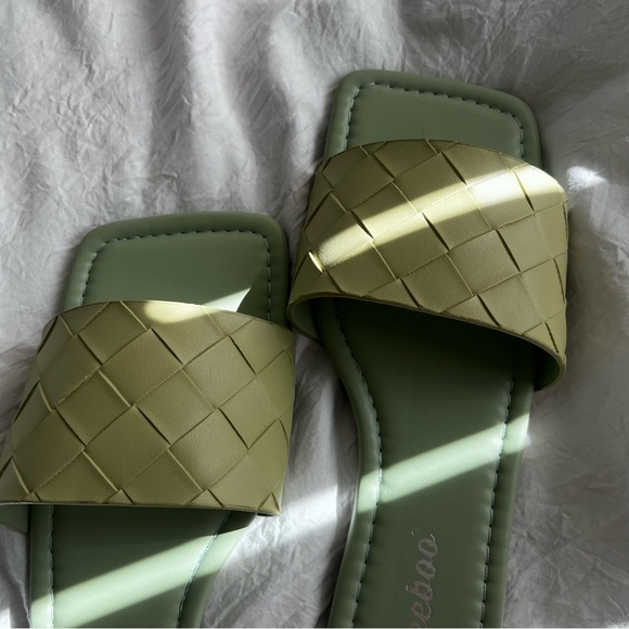 Woven Strap Flat Square Toe Slide Sandals in Sage - Picture 3 of 11